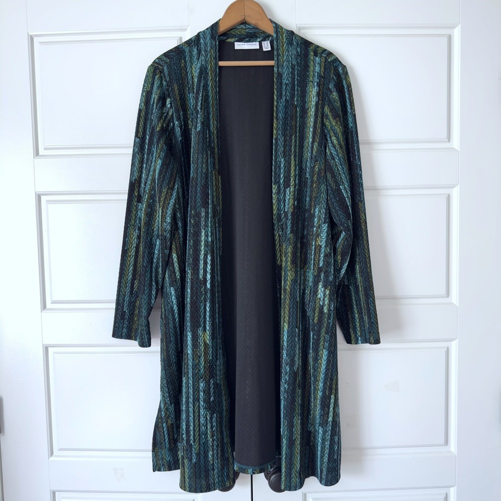 Susan Graver Open Duster Cardigan 1X Teal Blue Green Artsy Metallic Abstract